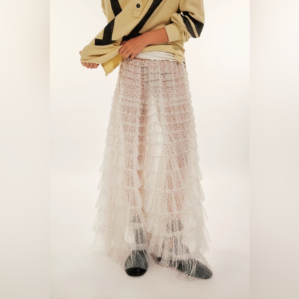 New Free People Return Of The Ruffle Polka Dot Maxi Slip Skirt
